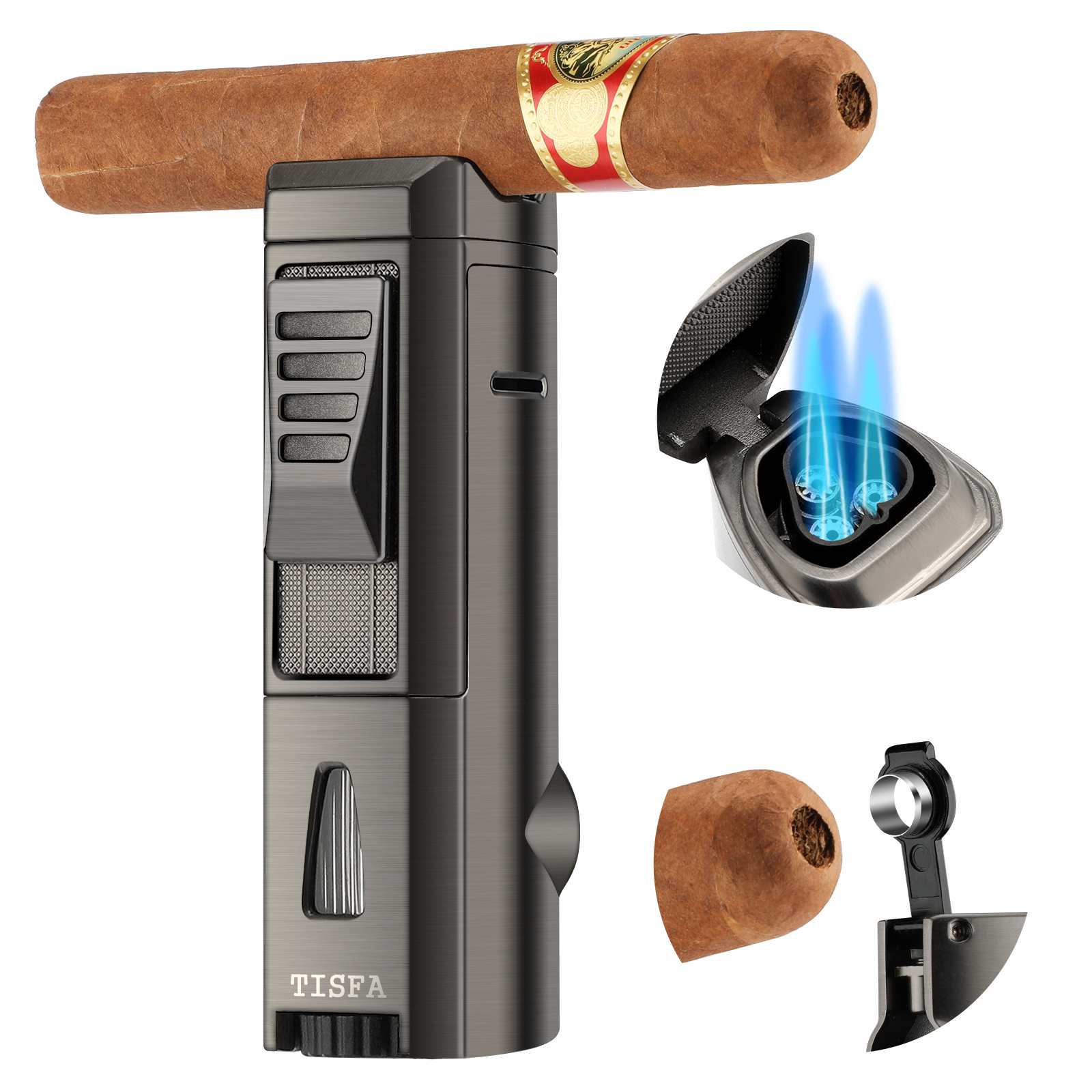 Cigarfest Quad 4 Jet Flame Torch Lighter – Refillable Butane, Blue Flame, With Punch Stand