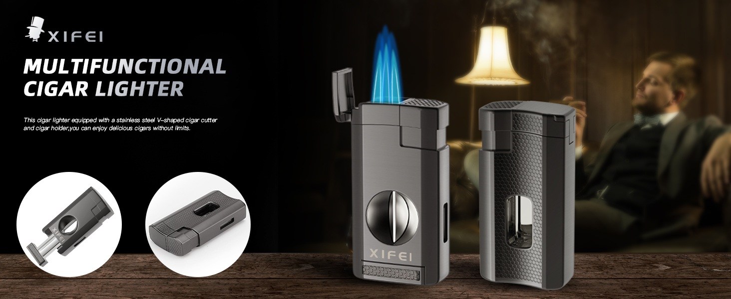 triple flame torch lighter with cigar cutter v cut